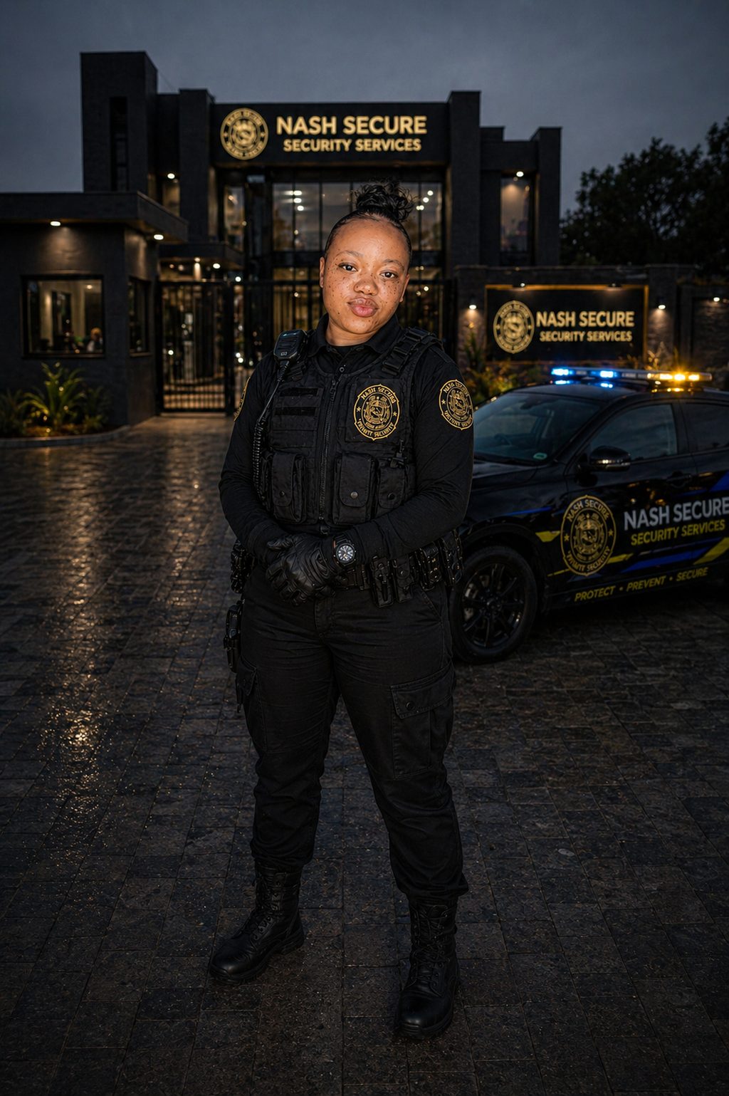 Full-length portrait of a female Nash Secure tactical officer in branded body armour and tactical loadout, standing in front of the illuminated Nash Secure HQ and branded patrol vehicle at dusk