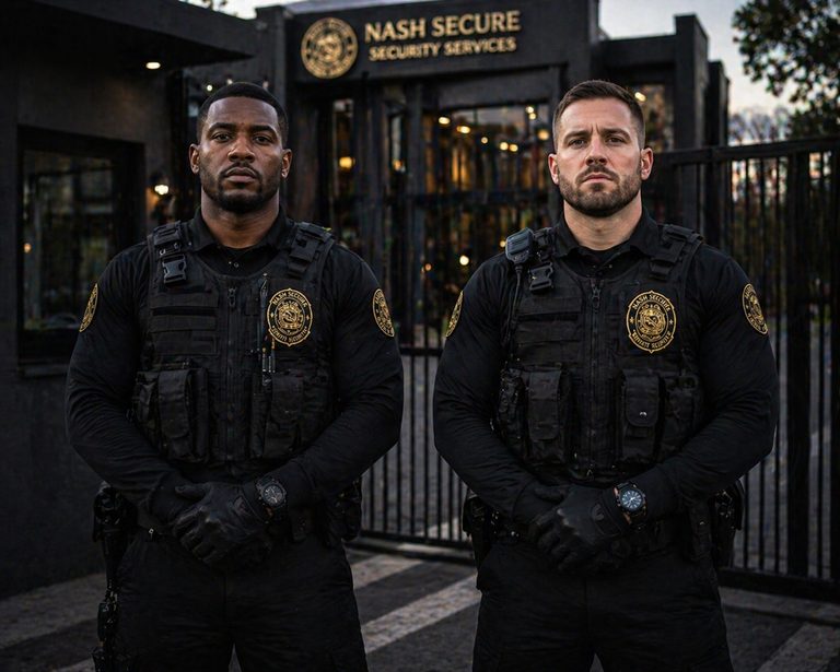 Nash Secure tactical officers in branded uniforms standing guard at the Nash Secure HQ entrance